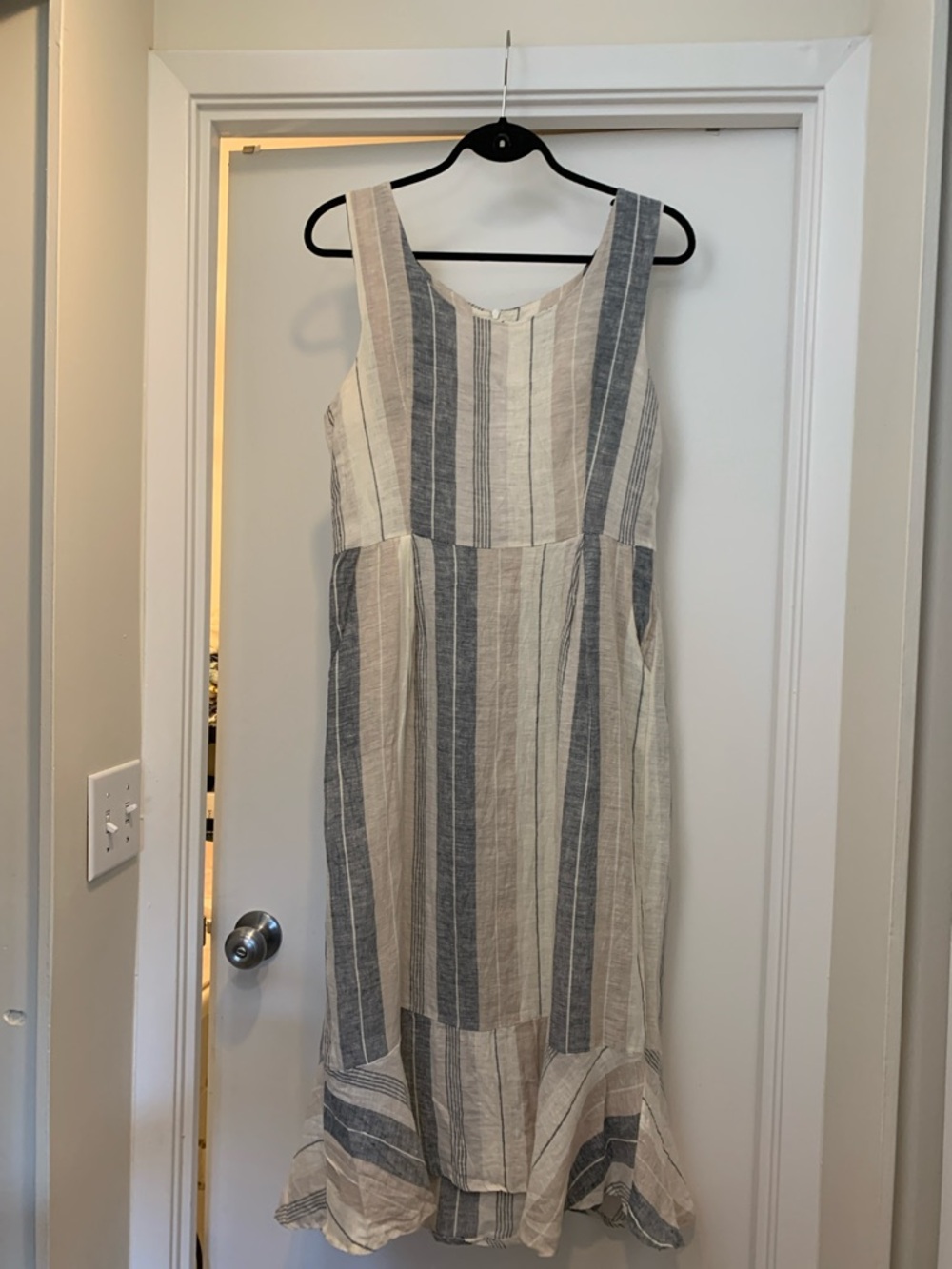 Striped Sleeveless Midi Dress in Beige and Blue made in Italy 100 percent linen